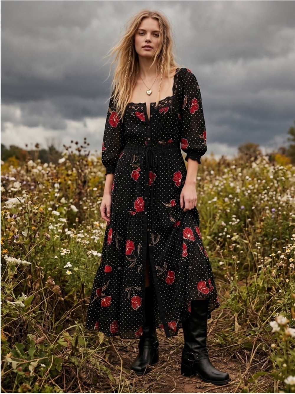 NWT Free People Morning Meadows Long-Sleeve Maxi Dress
